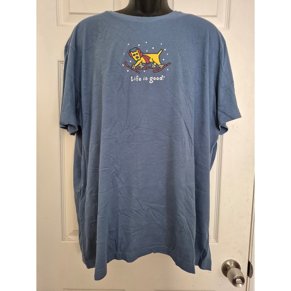 Life is Good Dog Sledding Skiing Graphic T‎ Shirt XL Blue Cotton Crew Neck
